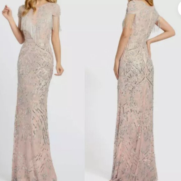 MAC DUGGAL 4715 EMBELLISHED FRINGE CAP SLEEVE PLATINUM TRUMPET GOWN sz 4 - Picture 6 of 6